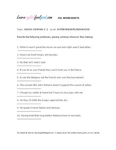 Using Commas, ESL Worksheet for 6th - 10th Grade | Lesson Planet