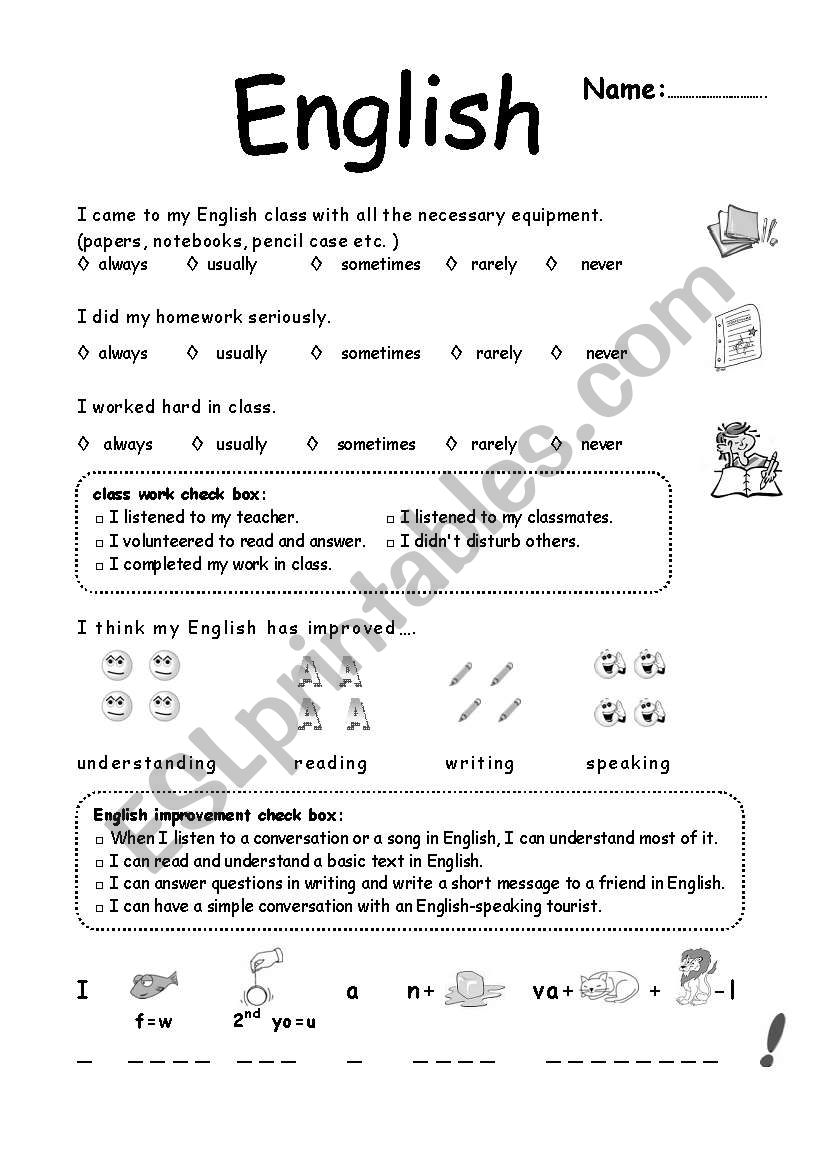 self evaluation 6th grade - ESL worksheet by MarionG