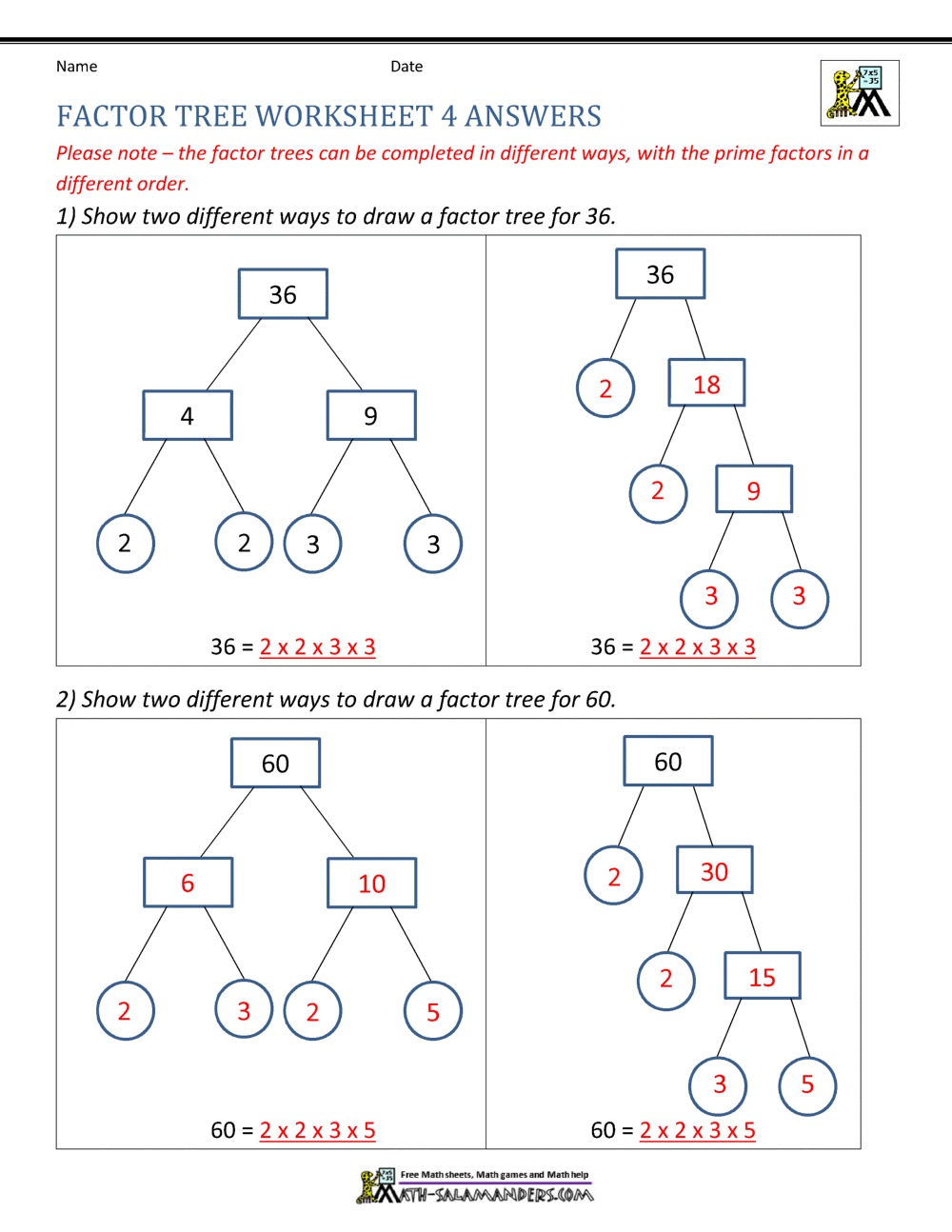 Factor Tree Worksheets page