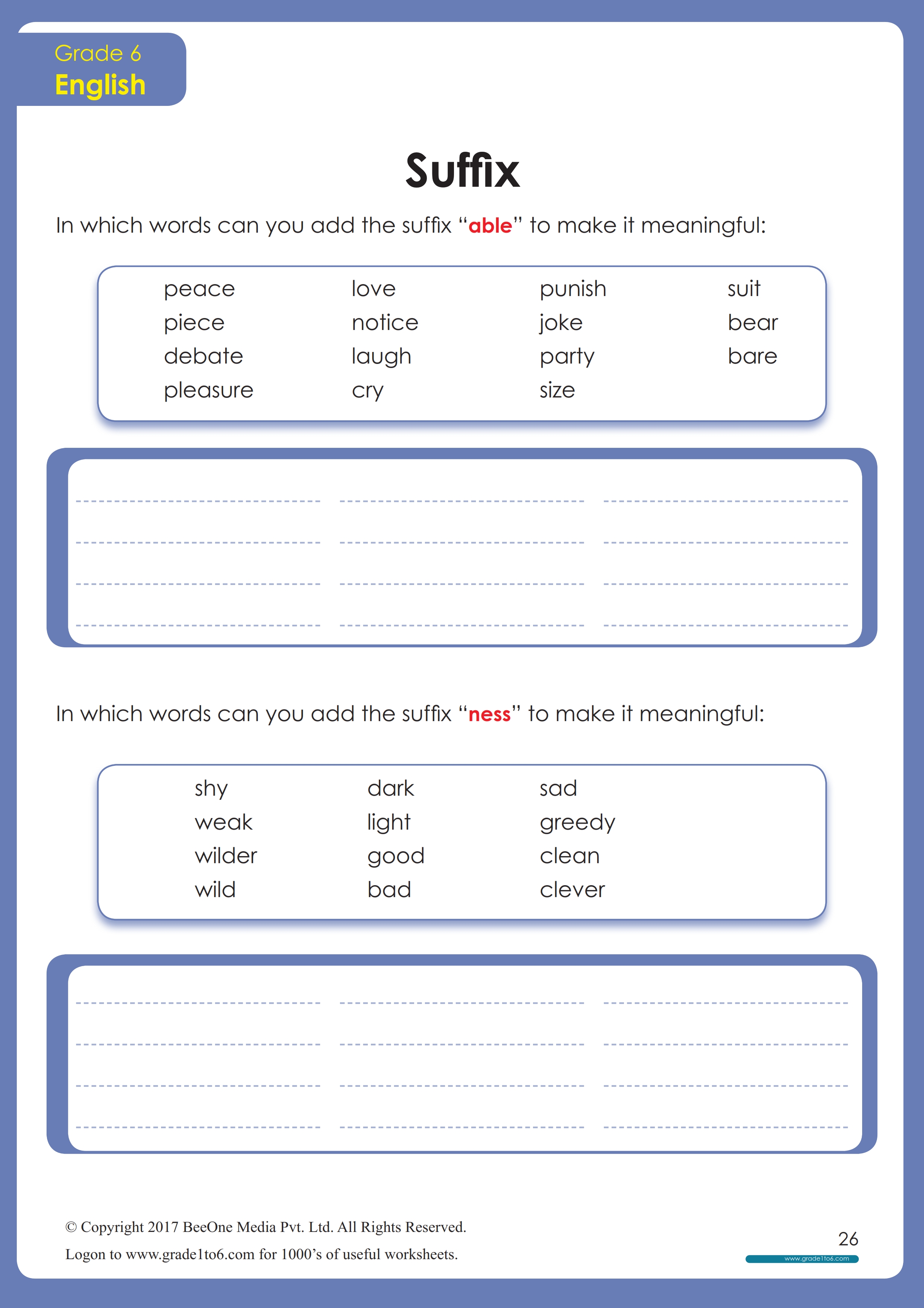 Suffixes -able, -ness, worksheet for Grade 6 | Grade1to6