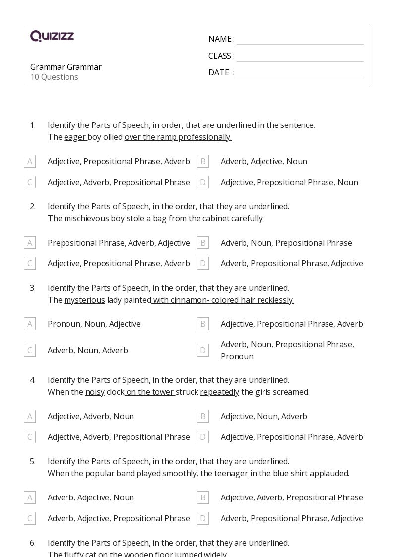 6th grade grammer worksheet