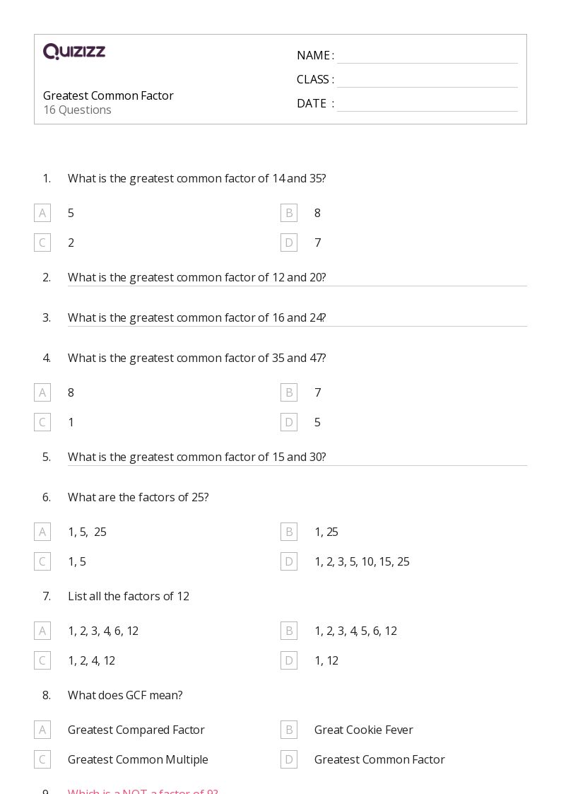 50  Greatest Common Factor worksheets for 6th Grade on Quizizz