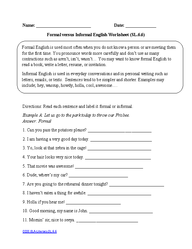 6th grade language worksheet
