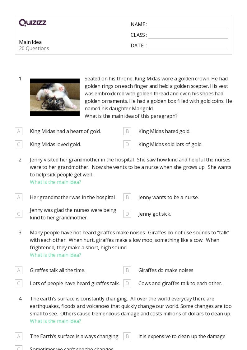 50  Identifying the Main Idea worksheets for 6th Class on Quizizz
