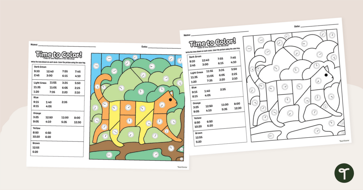 Telling Time to 5 Minutes- Color By Number PDF | Teach Starter