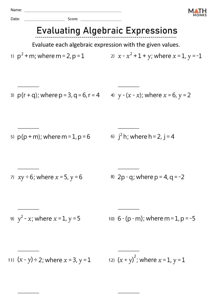 6th Grade Algebraic Expressions Worksheets - Math Monks