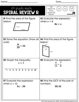 6th grade math review worksheet