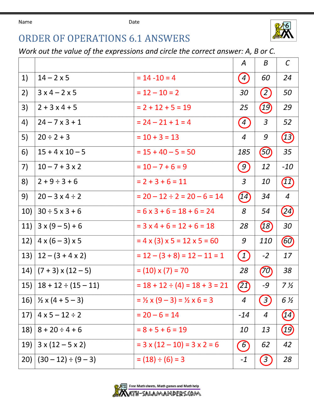6th Grade Order of Operations Worksheets