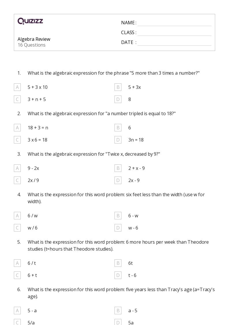 6th grade math worksheet algebra