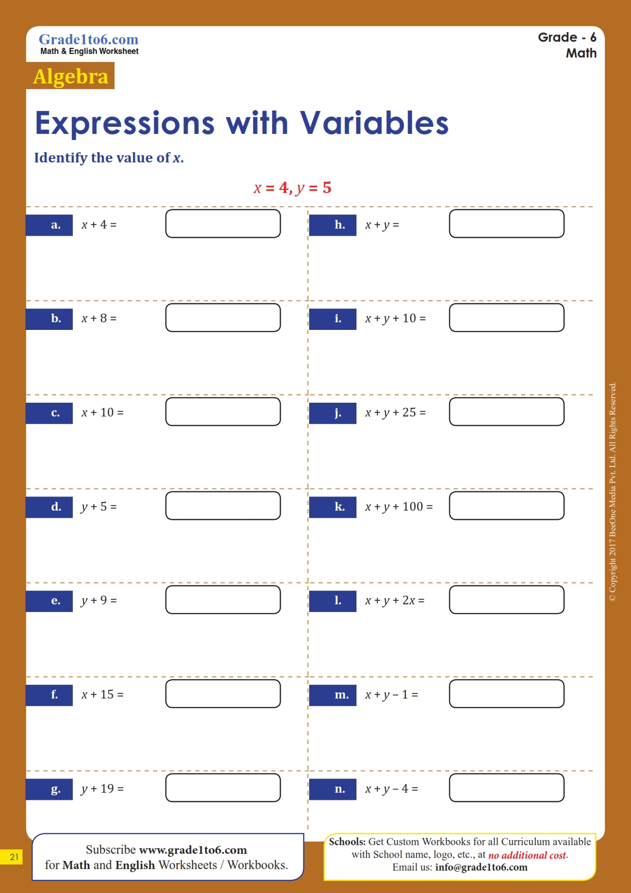 Algebraic Expressions Worksheets | Grade1to6.com