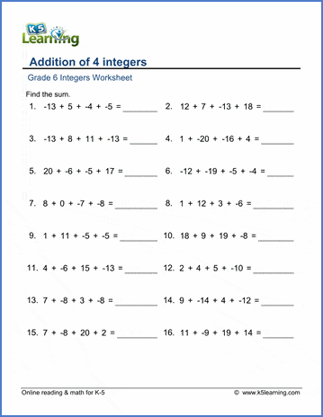 Grade 6 Integers Worksheets: Adding 4 integers | Worsheets library