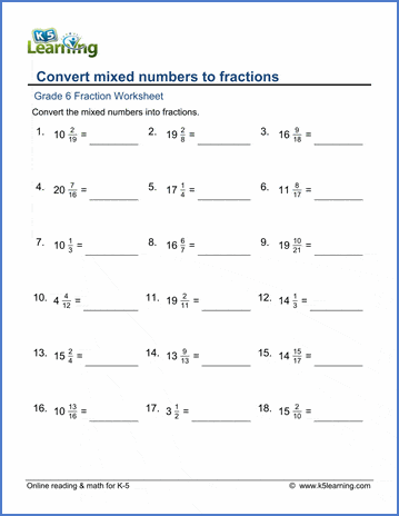 Grade 6 Fractions Worksheets: Convert mixed numbers to fractions ...