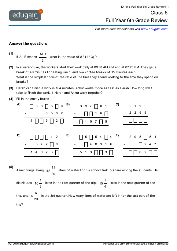 Grade 6 Math Worksheets and Problems: Full Year 6th Grade Review ...