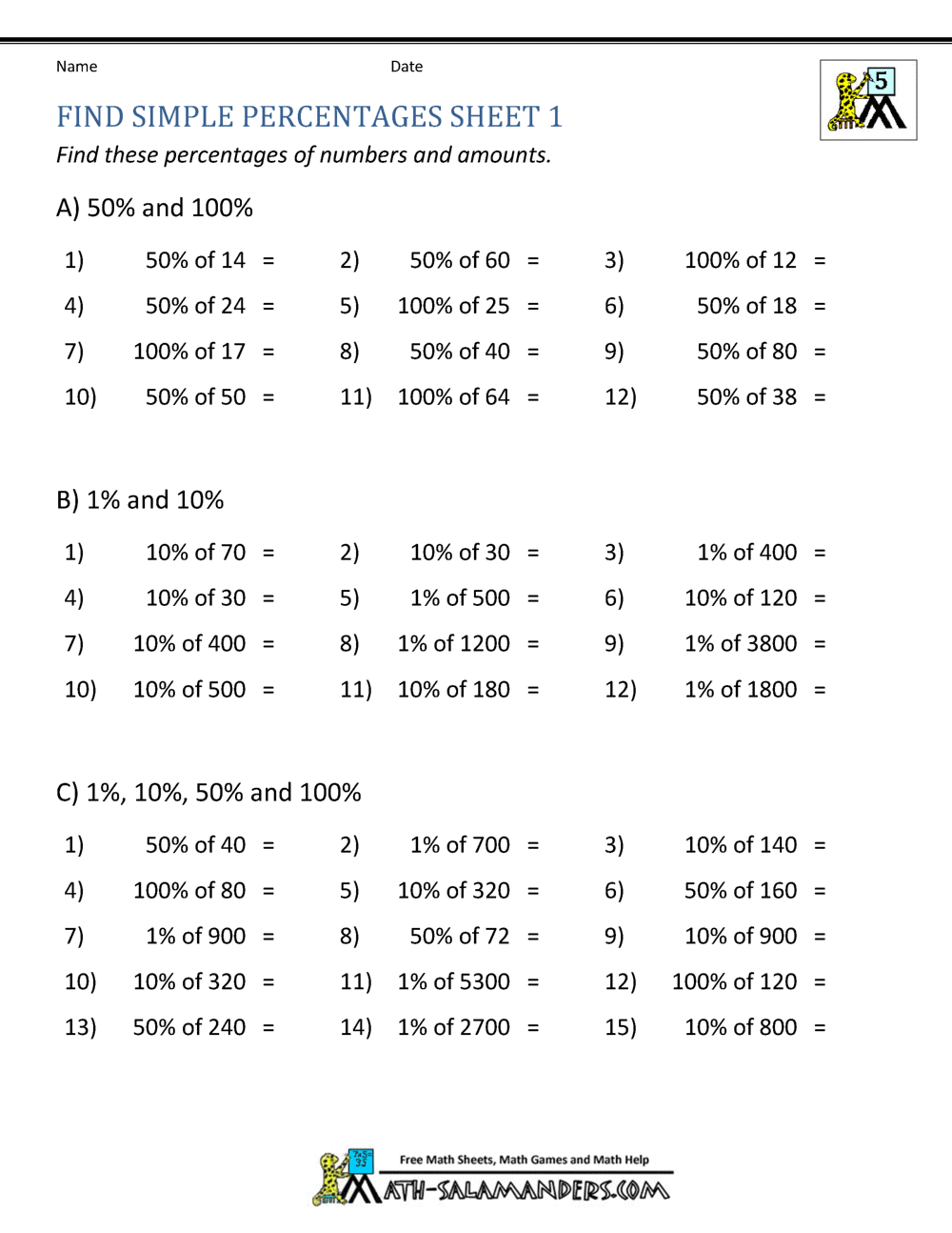 6th grade math worksheet percentages