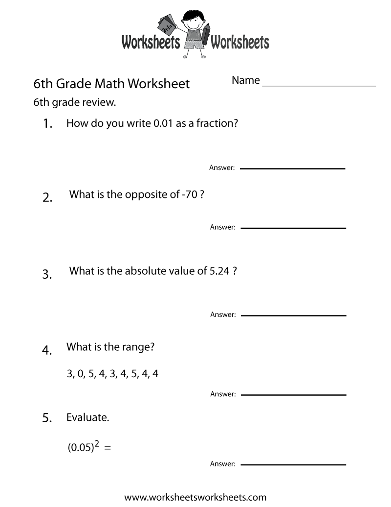 6th grade math worksheet printable free