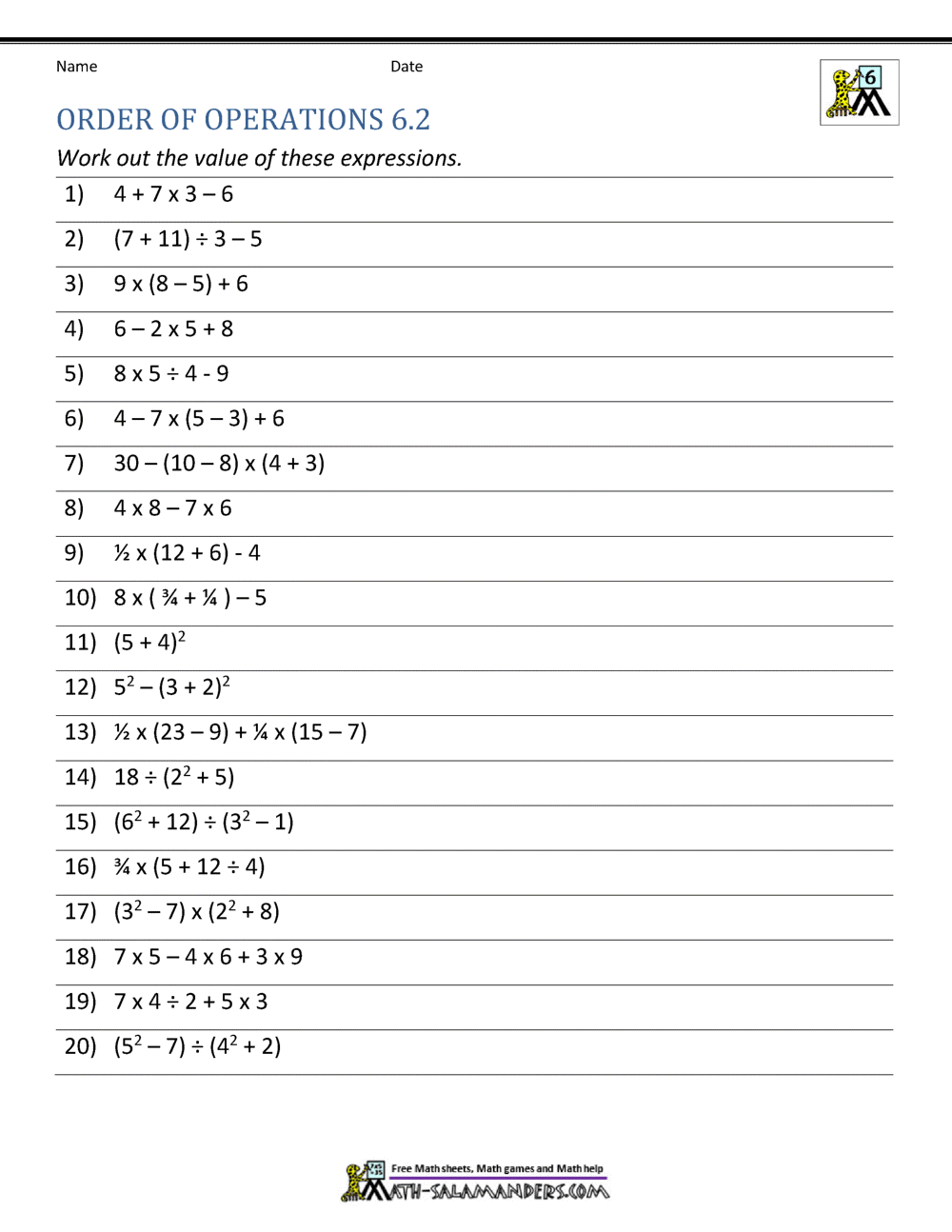 6th Grade Order of Operations Worksheets