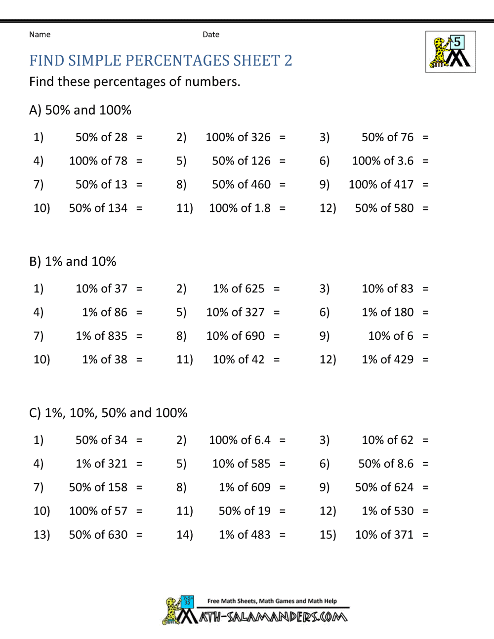 6th grade percent worksheet