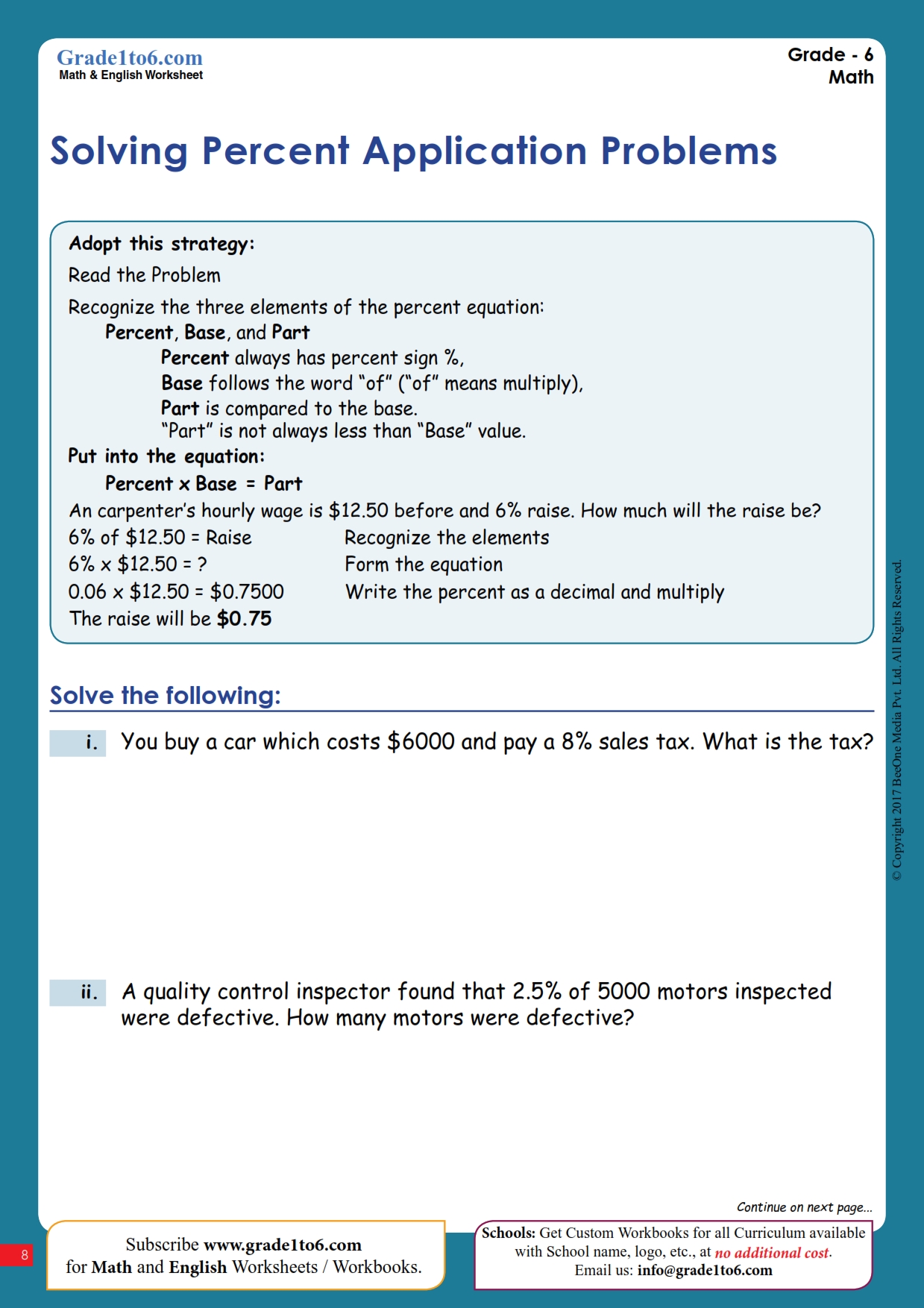 Percentage Word Problems Worksheet| Grade1to6.com