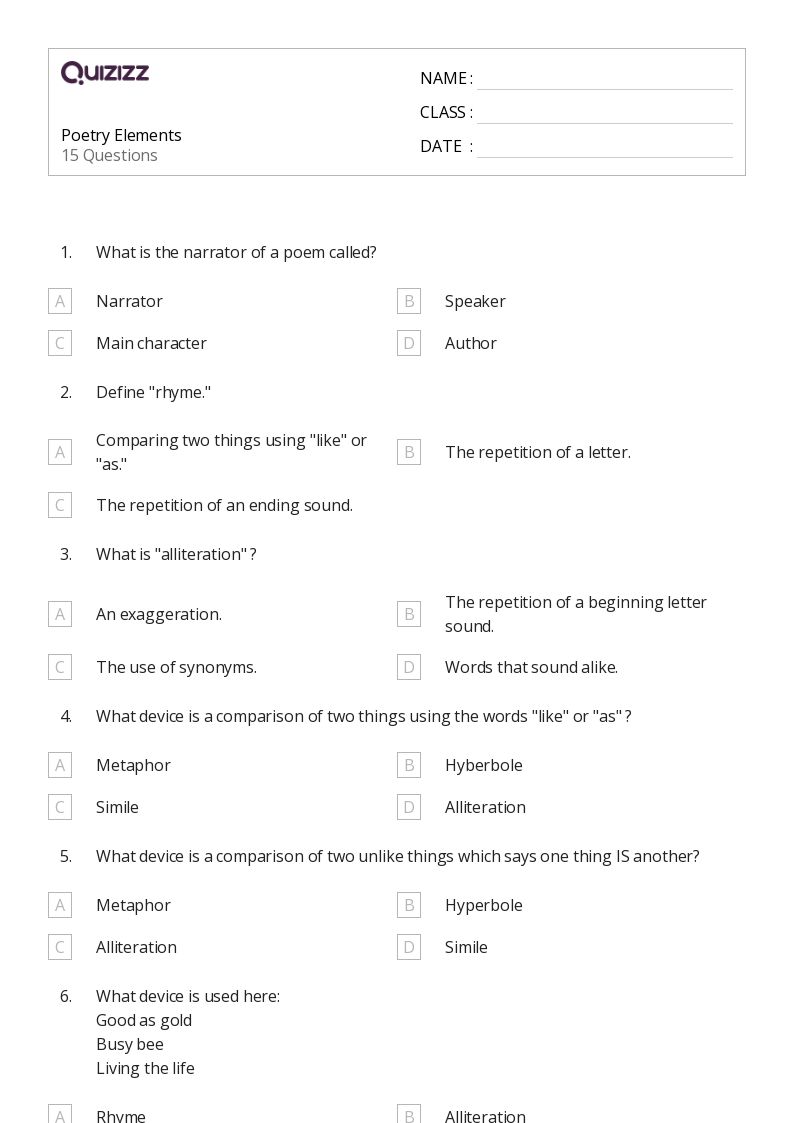 6th grade poems worksheet