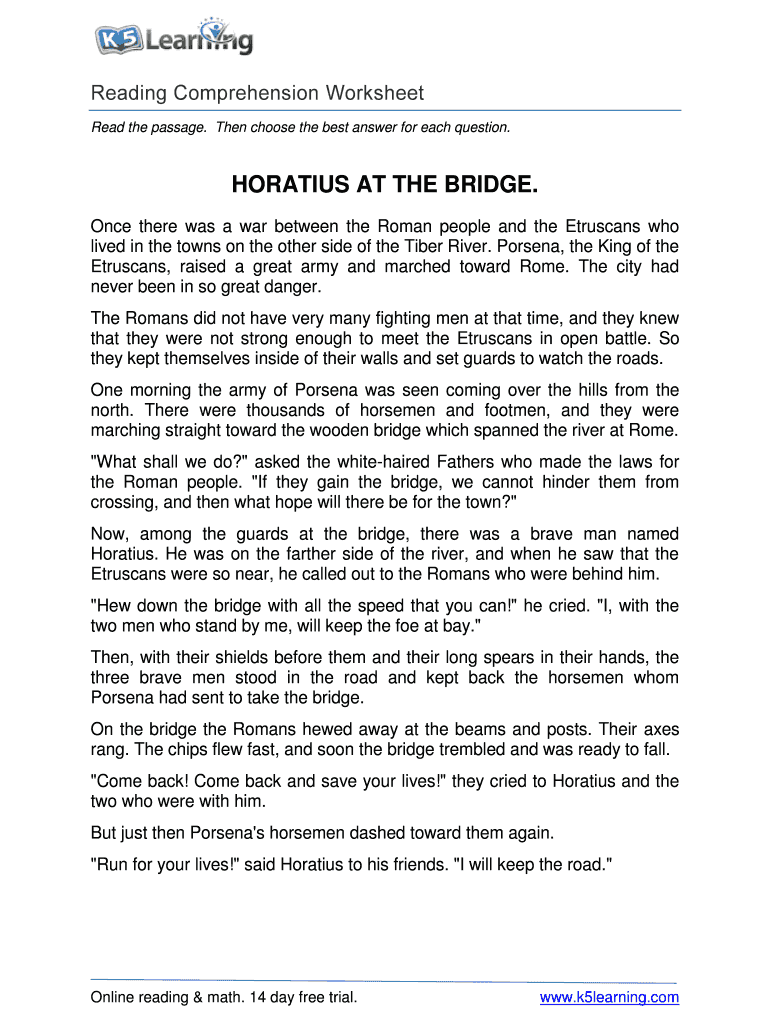 Fillable Online Reading Comprehension Worksheet - Horatius - Grade ...