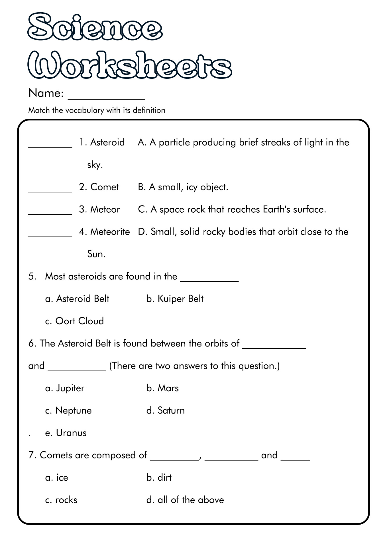 6th grade science worksheet free printable