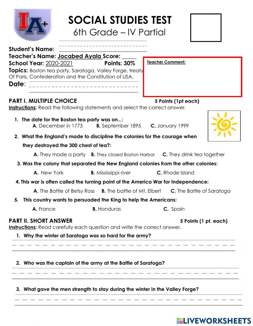 6th grade social studies worksheet with answers