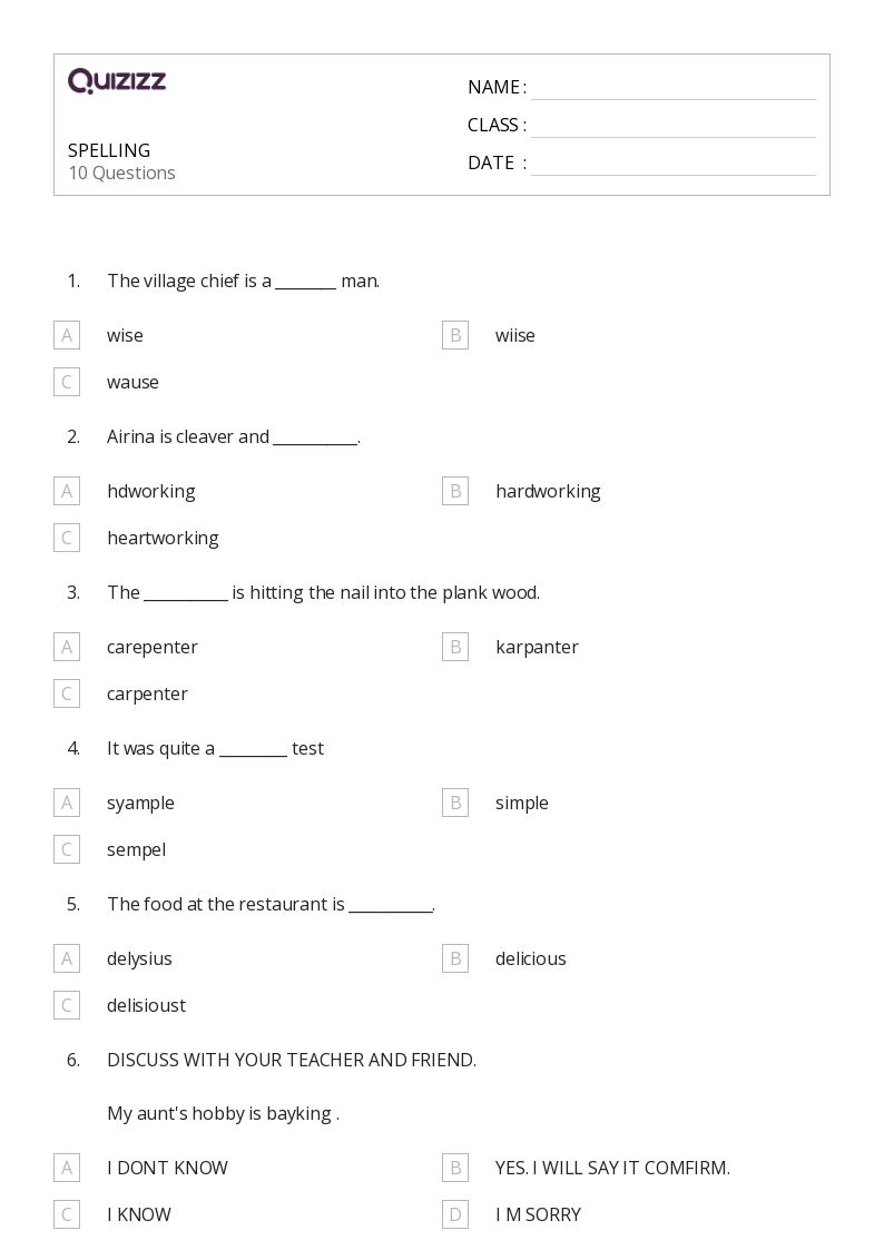 50+ Spelling worksheets for 6th Class on Quizizz | Free &  Printable