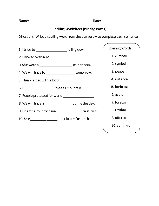 6th grade spelling worksheet