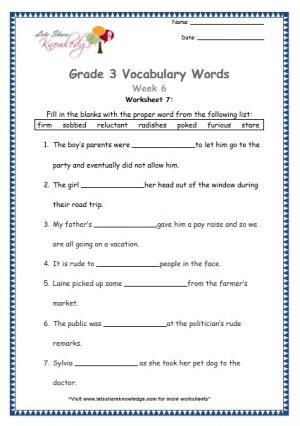 Grade 3: Vocabulary Worksheets Week 6 - Lets Share Knowledge