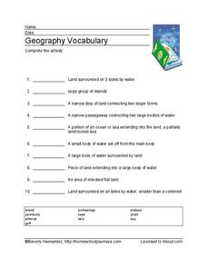 Geography Vocabulary Worksheet for 3rd - 6th Grade | Lesson Planet