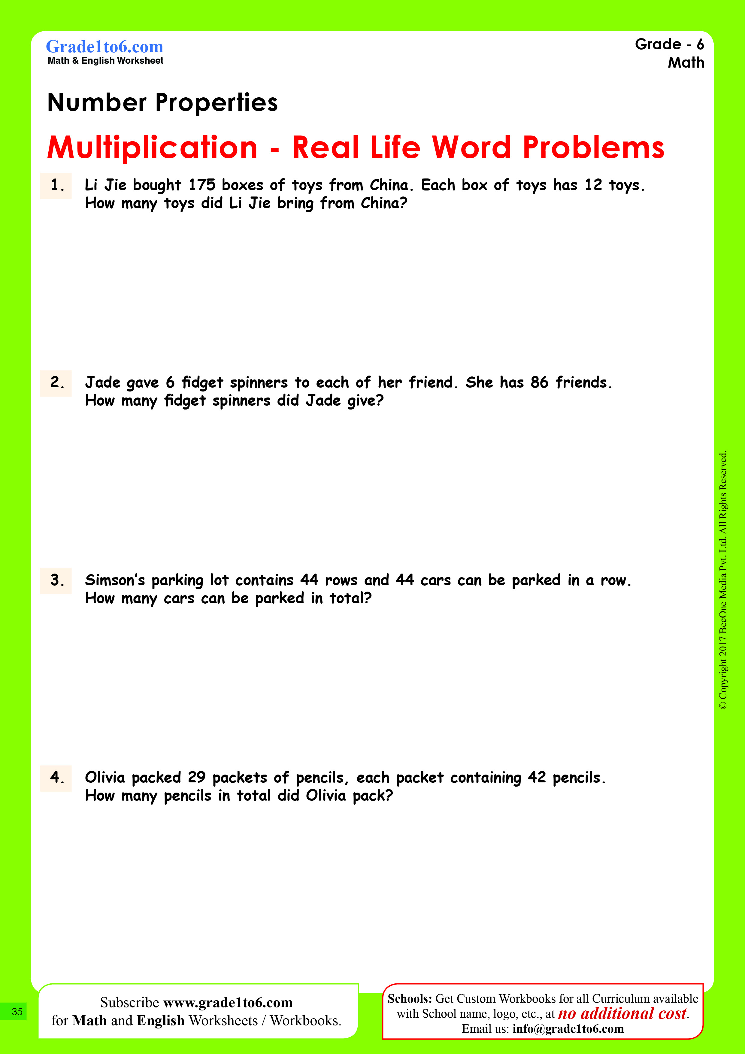 Multiplication Word Problems Worksheets | Grade 6