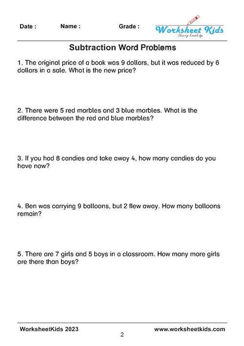 Subtraction Word Problems Worksheets: Kindergarten to Grade 6