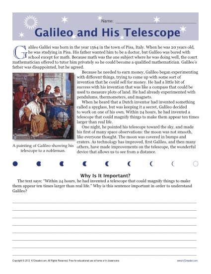 Sixth Grade Reading Comprehension Worksheet | Galileo and His ...