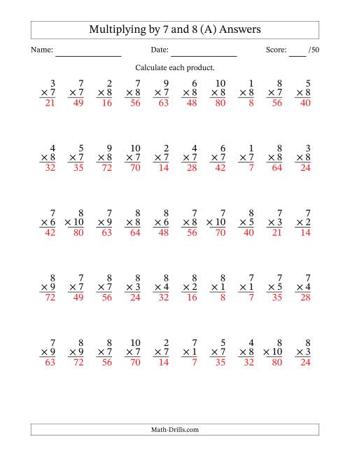 Multiplying (1 to 10) by 7 and 8 (50 Questions) (A)