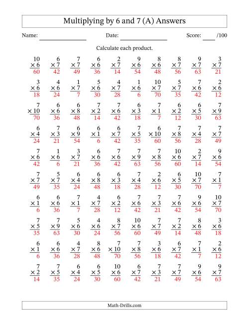 Multiplying (1 to 10) by 6 and 7 (100 Questions) (A)