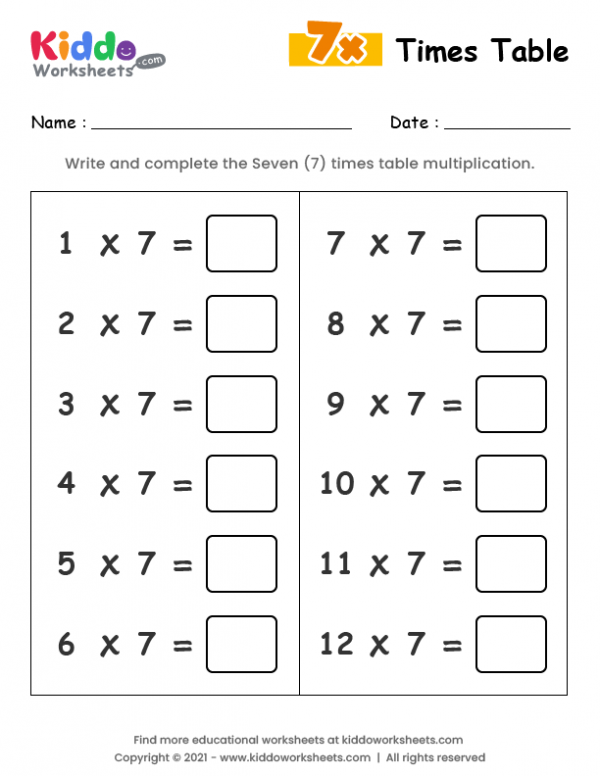 Free Printable 7 Times Table Worksheet Worksheet - kiddoworksheets