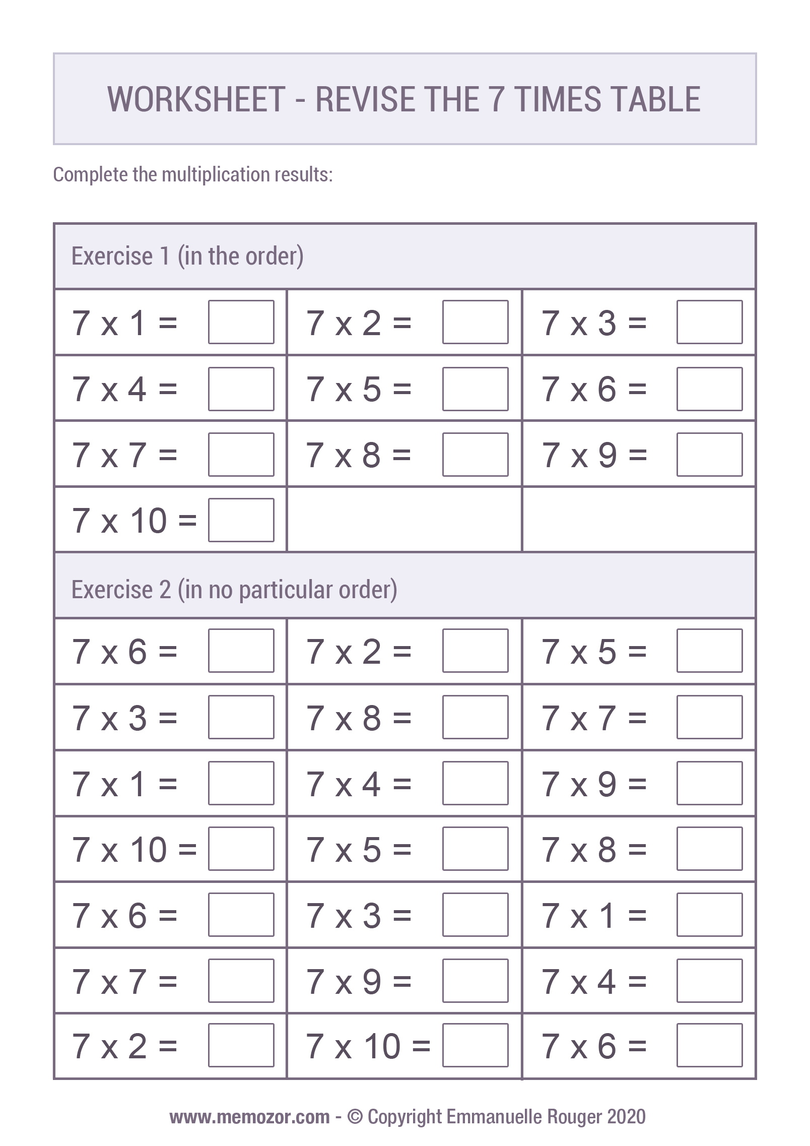 Pretty 7 Times table Chart - Print for free (many colors) | Memozor