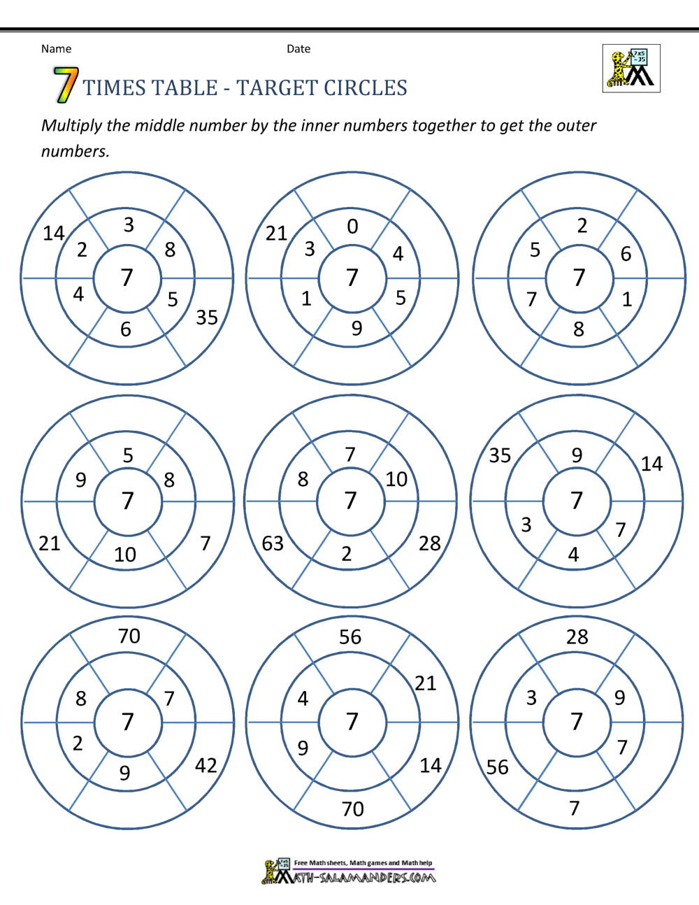 7 times table quiz printable