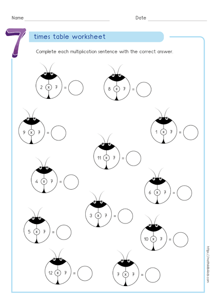 7 times table quiz printable