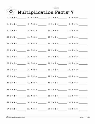 7 Times Tables Worksheets
