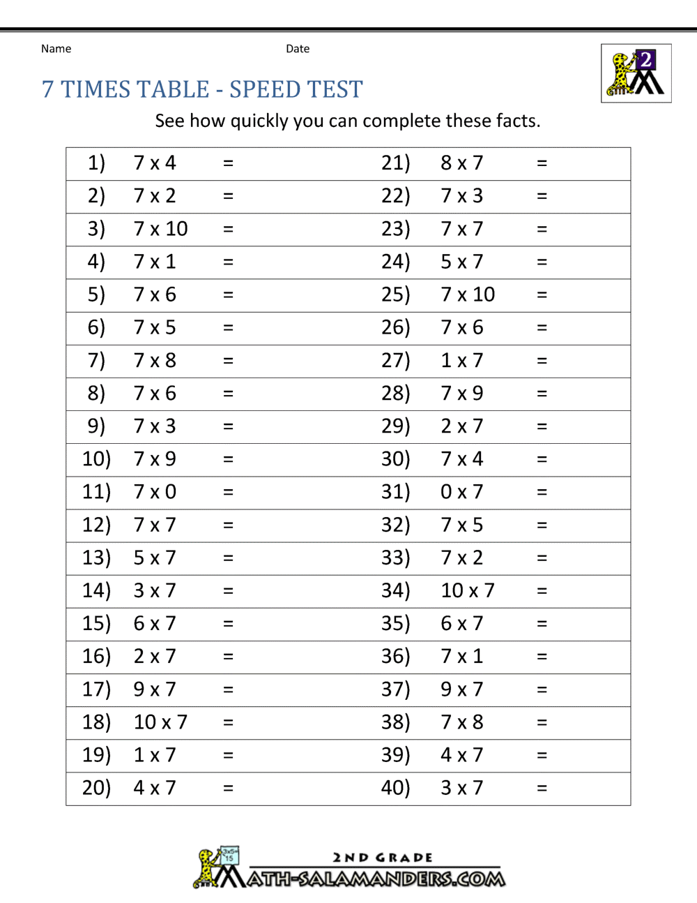 7 times tables worksheet