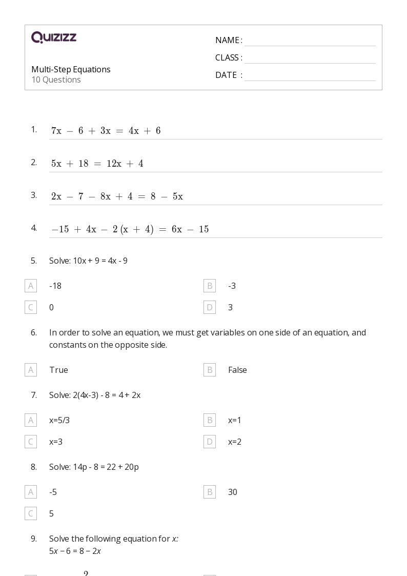 50+ Multi-Step Equations worksheets for 7th Grade on Quizizz ...