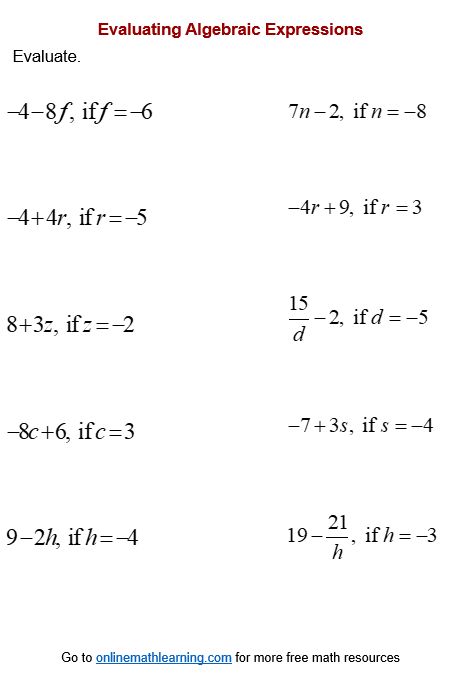 7th grade algebra worksheet with answers