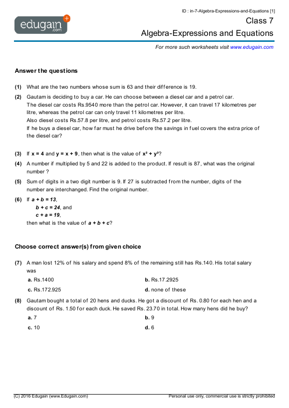 Grade 7 - Algebra-Expressions and Equations | Math Practice ...