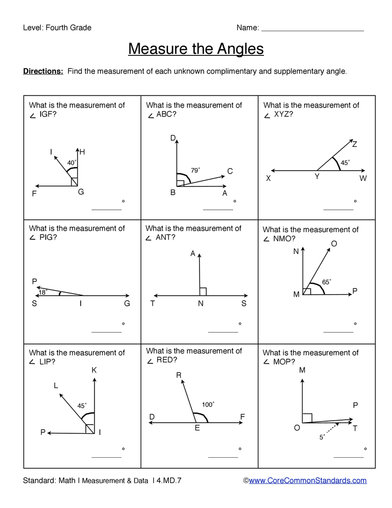4.MD.7 Common Core Worksheet  