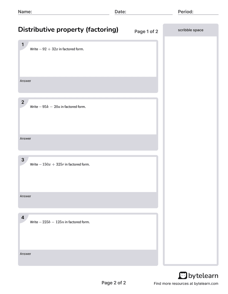 Distributive Property (Factoring) Worksheets [PDF] (7.EE.A.1): 7th ...