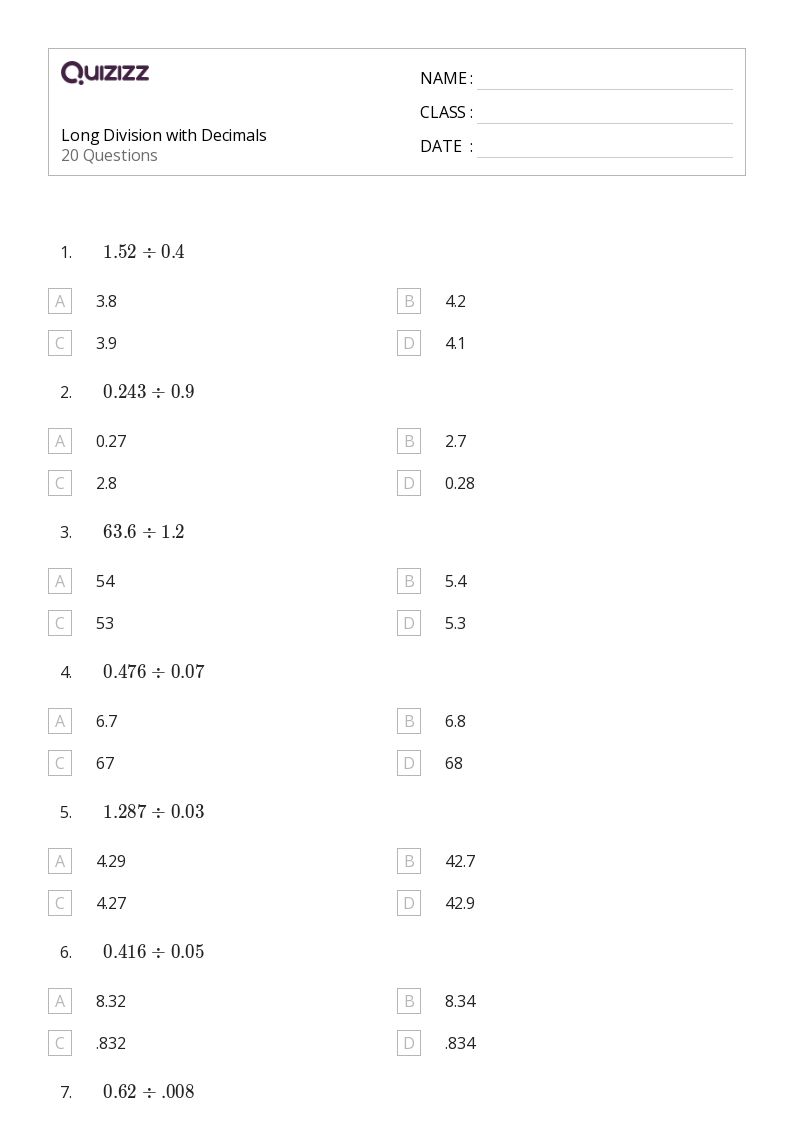7th grade division worksheet