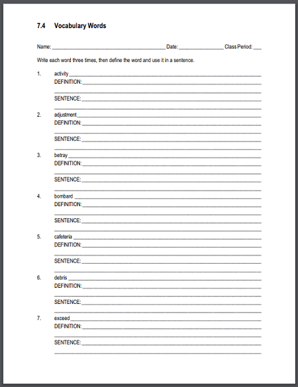 List 7.4 Definitions and Sentences Worksheet | Student Handouts