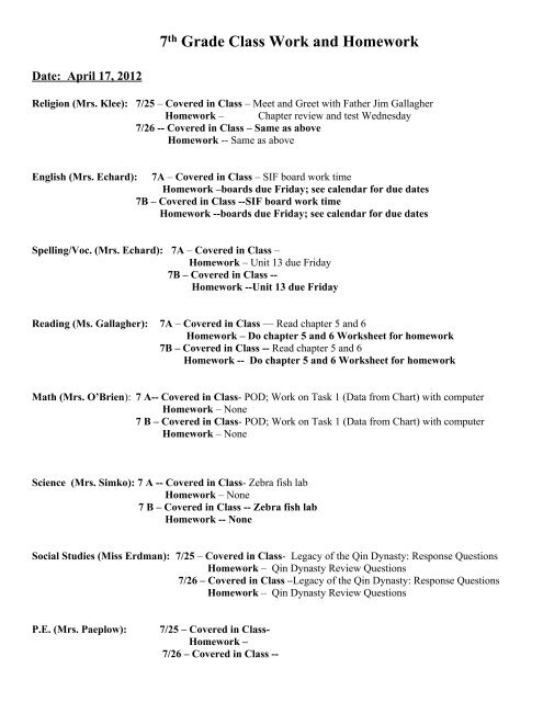 7th Grade Class Work and Homework - Holy Cross School