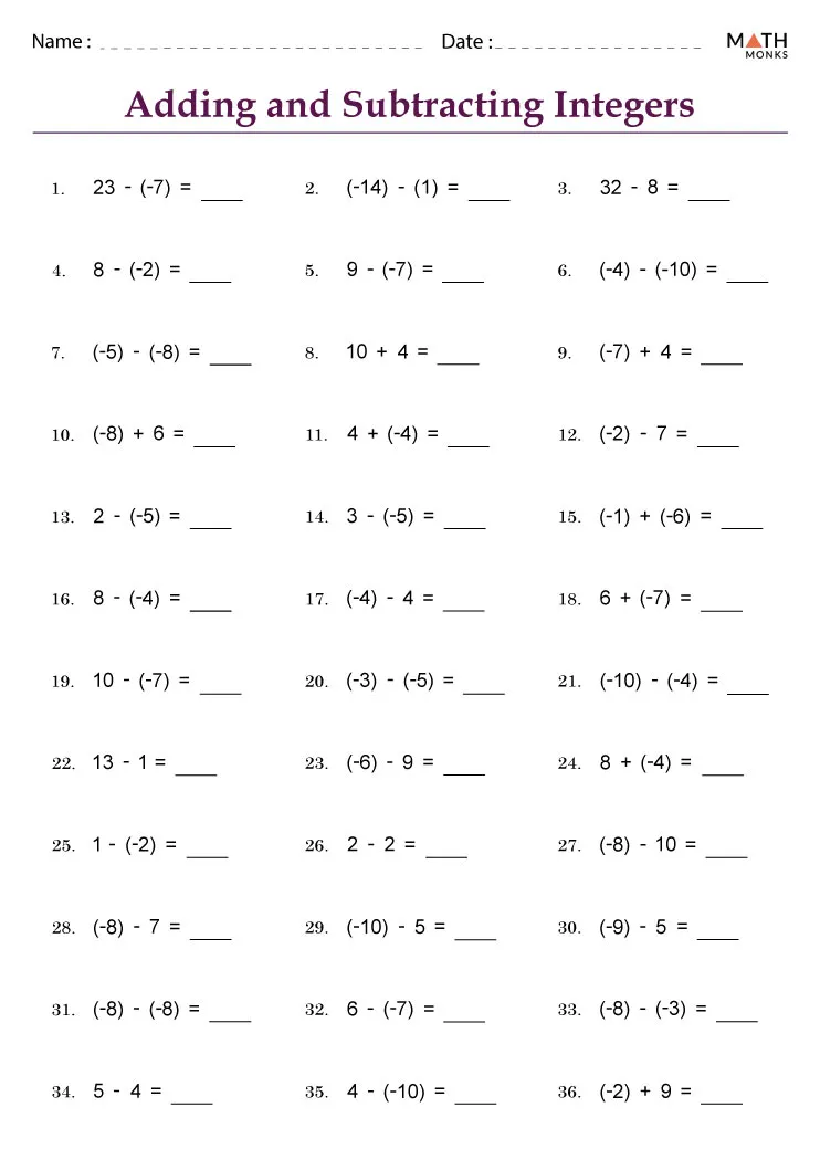 7th Grade Integers Worksheets - Math Monks